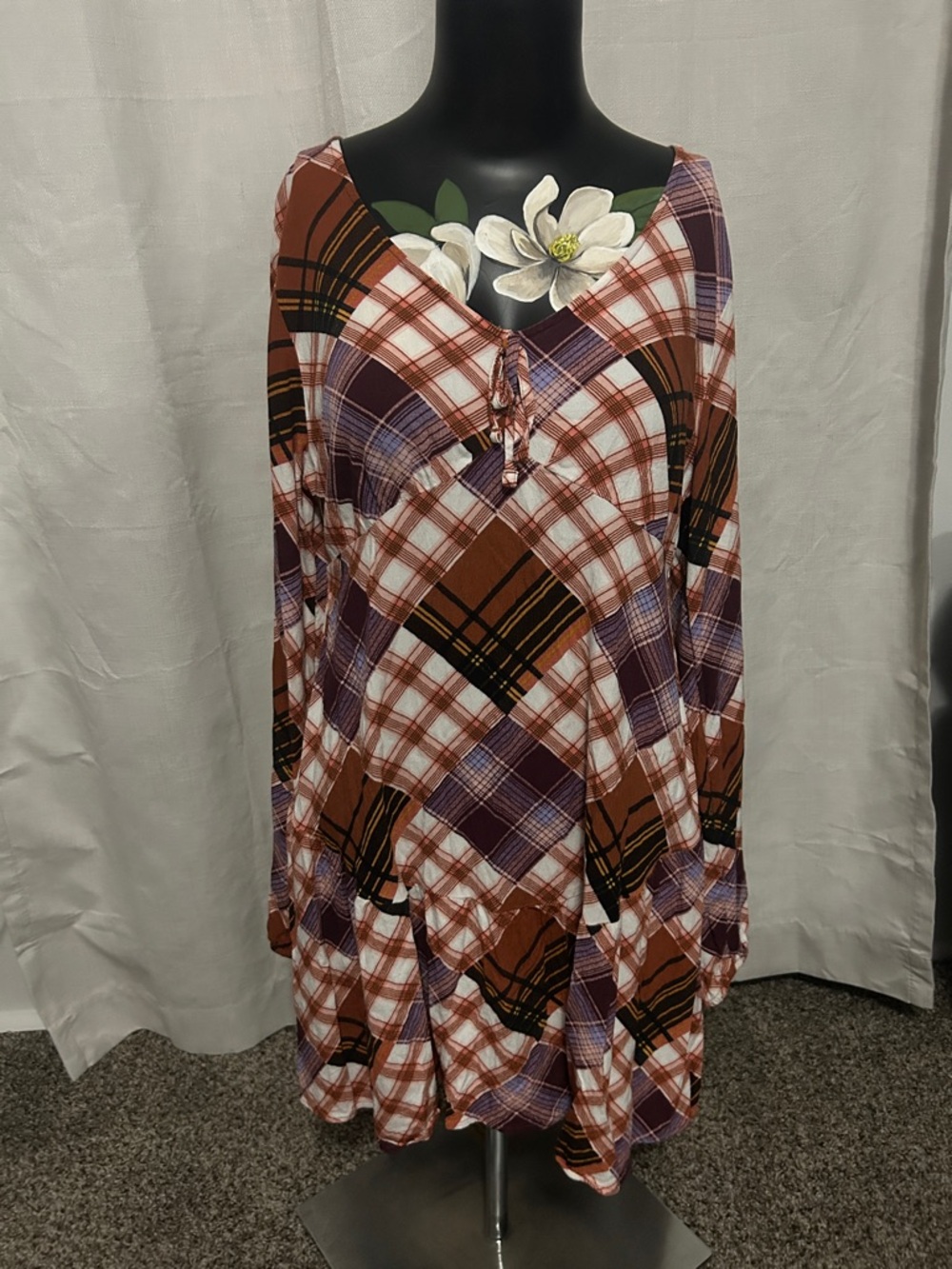 SO Plaid V-Neck Long Sleeve Dress in Rust, Purple, White